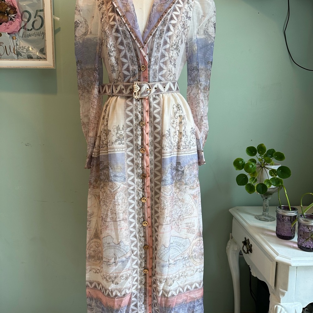 Long-Sleeve Pastel Printed Button-Front Maxi Dress with Belt